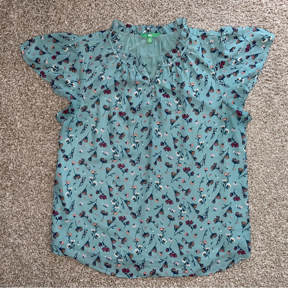 Gorgeous DIP Green Floral Ruffle Trim Blouse Sz XL